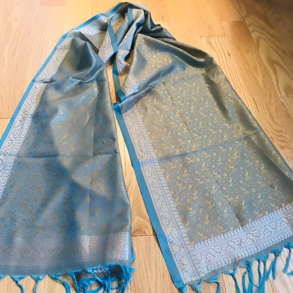 Silk Scarf- turquoise/mint color/gold embroidery